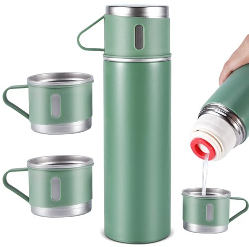 FORNORM Vacuum Insulated Flask with 3 Cups, 500 ml Stainless Steel Thermo Bottle for Coffee Water Hot and Cold Drink Flasks, Gift Box (Green, 500 ML)