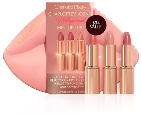 Charlotte Tilbury Iconic Hollywood Lip Trio - Limited-Edition Lipstick Gift Set Featuring K.I.S.S.I.N.G Shades - Moisturizing, Flattering Travel Size Lipsticks