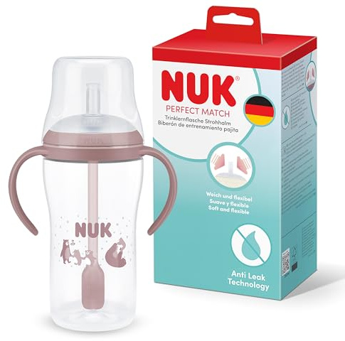 NUK Perfect Match Learner Biberon con cannuccia | 8+ mesi | 260 ml | Bicchiere antigoccia con cannuccia per bambini | Manici antiscivolo | Rosa | Confezione da 1