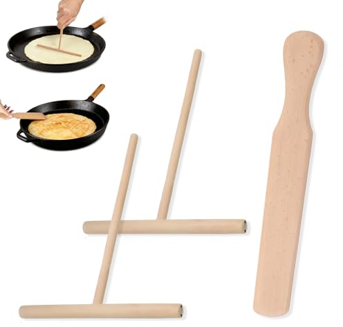 Uzndq Juego de 3 distribuidores de crepes de madera de haya, juego de distribuidor de crepes en forma de T, distribuidor de masa con espátula para crepes, accesorio para panqueques