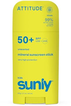 ATTITUDE Kids Mineral Sunscreen Stick SPF 50, Broad Spectrum Zinc Oxide, EWG Verified, Non-Nano, Mess-Free Stick for Face & Body, Lightweight Non-Greasy, Vegan, Unscented, 60 grams