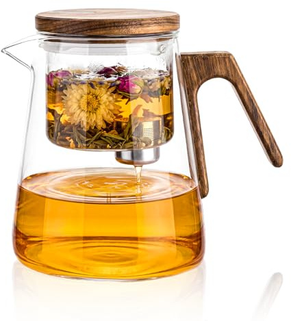 Ecofocet Teiera con Infusore 700ml, Innovativo Teiera in Vetro Borosilicato con Coperchio Magnetico e Manico in Legno di Noce, Tisaniera con Filtro per Tè Sfuso e Tisane, Idea Regalo Casa Ufficio
