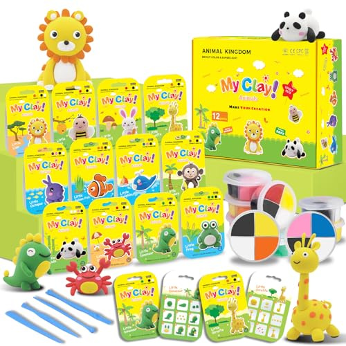 Pâte à modeler sèche à l'air pour enfants - 12 motifs d'animaux - Pâte magique sèche à l'air avec outils et instructions (français non garanti) - Pâte de fête non collante et ultra douce - Cadeau pour