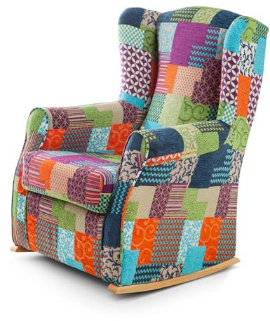 SUENOSZZZ-ESPECIALISTAS DEL DESCANSO Balancín Mecedora para Lactancia Irene Patchwork tapizada en Tela Patchwork Multicolor