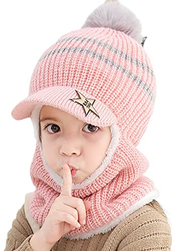 JFAN Chapeau Hiver Chaud Enfants Tricotée Polaire Bonnet avec Visière Capuche Chapeaux Earflap pour Filles Garçons Laine Mohair Multicolore Beanie Rose