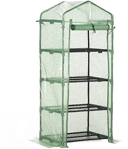 Outsunny Serre de Jardin PE avec étagères 4 Niveaux, Serre de Balcon, bâche renforcée 140 /m², châssis en Acier, Porte zippée Enroulable, pour légumes Plantes, intérieur extérieur, 70x50x160cm, Vert