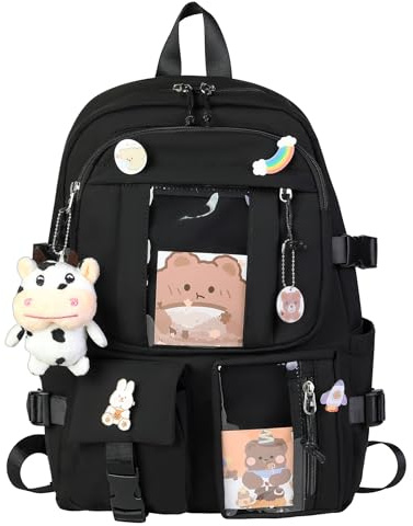 HORHEAR Zaino Kawaii con Accessori Graziosi Pin, Kawaii Peluche Giocattolo Animale Pin e Carta dei Cartoni Animati, Kawaii Backpack, Zaino Scolastico(Stile-2-Nero)