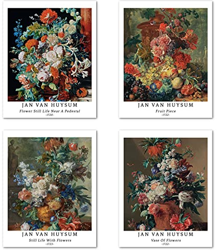Konsttryck utan ram klassisk blomma bilder i set om 4, affisch storlek: 28 x 35 cm premium konstpapper väggdekoration beige natur kvinna kärlek retro illustration matchande heminredning Jan Van Huysum