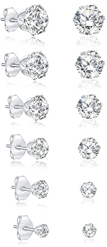Stainless Steel Earrings for Women,Diamond Studs Earring Mens,Round 6Pairs 3-8MM Hypoallergenice Earings