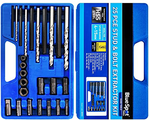 25 Pcs BlueSpot | Damaged Base BOLT & STUD Extractor Kit | Remover Set | HSS | Garage | Workshop | Mechanics | Vehicle Parts & Repair Accessories | Engine | Hand Tools | Carry Case | DIY | UK FREE P&P