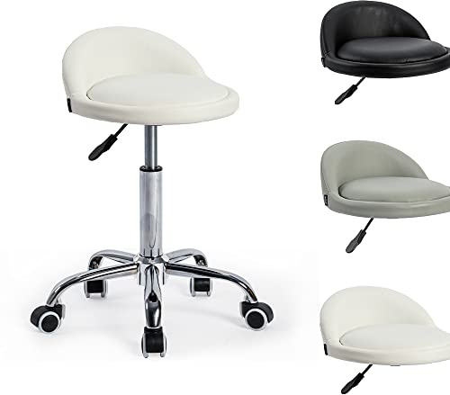 Mingone Taburete de Oficina Rodante Ergonómico Taburete de Trabajo Regulable en Altura Silla con Respaldo 360° Giratorio Taburete de PU Cuero, Blanco