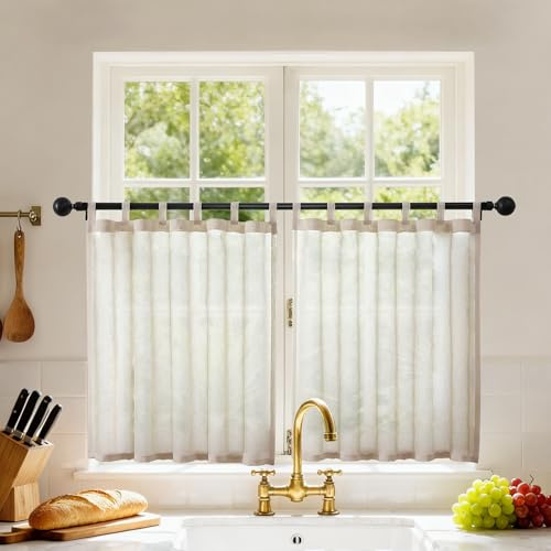 Joydeco Scheibengardinen Modern Leinenoptik Küchen Gardinen Vorhänge mit Schlaufen Voile Vorhang 2er Set H 60 x B 120 cm Transparente Küchengardinen Gardine Kurz für Wohnzimmer Wohnmobil Landhausstil