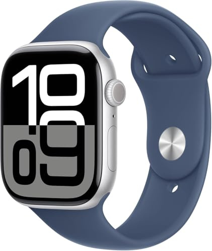 Apple Watch Series 10 [GPS, 46 mm] Caja de Aluminio Plata y Correa Deportiva Azul Denim - Talla M/L (Reacondicionado)