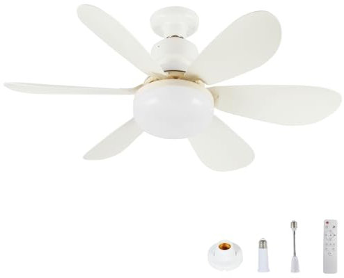 KCVV Ventilador de Techo Con Luz y Mando a Distancia,Ventilador Techo Silencioso de 52 cm,Con 3 Velocidades Ajustables Y Atenuación de 3 Colores (40 W), Con Base E27 y Dos Postes de Extensión