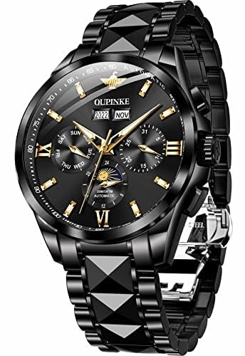 OUPINKE Mens Black Automatic Wrist Watches Tourbillon Skeleton Mechanical Luxury Dress Self Winding Waterproof Luminous Calendar Sapphire Crystal Diamond Tungsten Steel Best Gifts for Men Watch