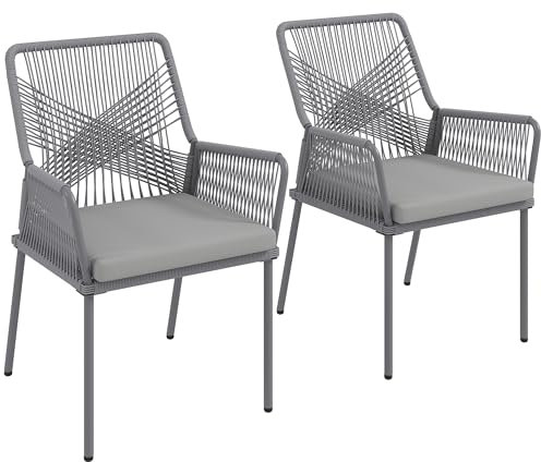 Outsunny 2er Set Gartenstuhl Rattan Gartenmöbel mit Armlehne Rückenlehne abnehmbar Sitzkissen wetterfest Outdoor Essstühle Gartenstühle Balkonstuhl Rattanstuhl für Garten Balkon Terrasse Dunkelgrau