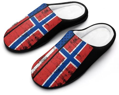 Norwegian Flag And USA Flag Men's Cotton House Slippers Memory Foam Washable Slip On Home Shoes