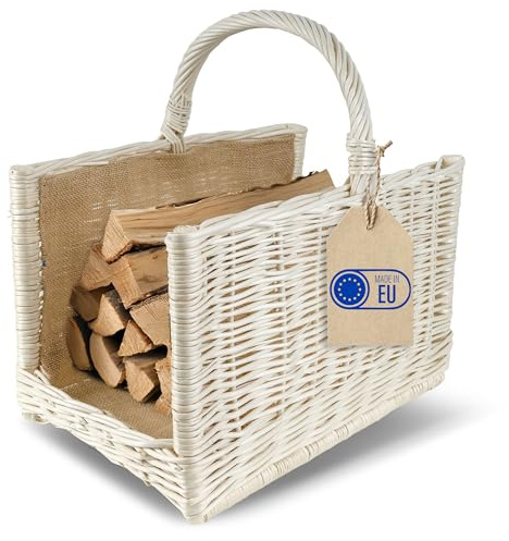 Creative Home Öppen Spis ved Lagring Wicker Basket med Handtag Jute Vit| Stor Rektangulär 45x30x47 cm Light | Handvävd Handgjord Hållbar | Naturlig Brun Tjock Pil | Flerfunktionell