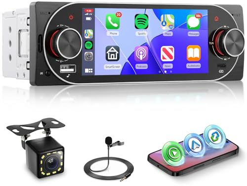 Hodozzy CarPlay sans Fil Android Auto Autoradio 1 Din avec Ecran 5.1 Pouces avec USB Type-C, Compatible Bluetooth 5.2, Radio FM, Charge Rapide, Mirror Link, EQ, Caméra de Recul,Commandes au Volant