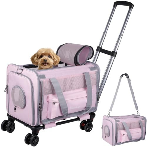 Pawinner Cat Carrier with Wheels(Can be Locked) Airline Approved, Max.20lbs | Rolling Pet Travel Bag, Detachable Foldable Dogs Stroller Trolley with Washable Pad & Shoulder Strap