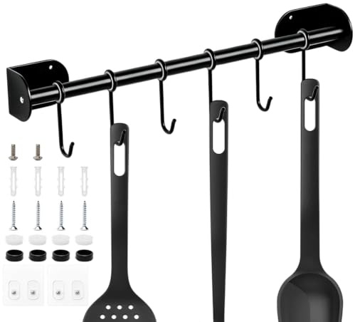 HERKINDNESS Porte Ustensiles Cuisine Mural, 40 cm Barre Cuisines Ustensile avec 6 Crochets Mobiles, Crochet Cuisine en Acier Carbone, Noir Porte-Ustensiles Mural, pour Cuillères, Spatules, Serviettes
