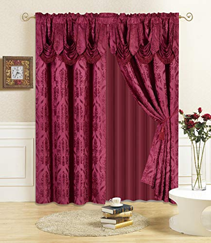 All American Collection Ensemble de 4 pièces avec cantonnière attachée et Voile avec 2 embrasses incluses (243,8 cm de Long, Bordeaux)