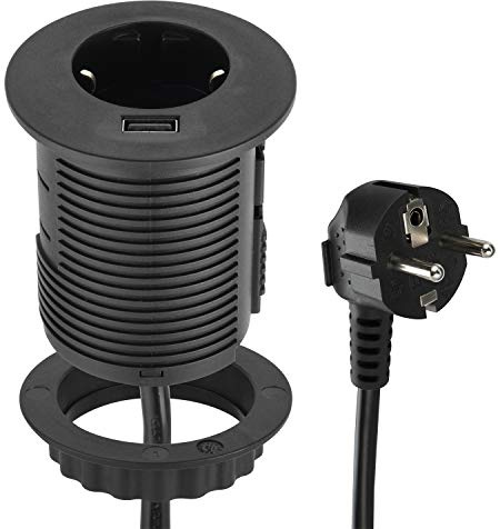 Electraline 62558 Steckdose Tischplatte Grommet: Tisch-Einbausteckdose mit USB Fast Charge 2.A & Standard-Kabeldurchführungen, Ø 60 mm (Tisch Einbau Steckdose Schuko), Kabel 2M