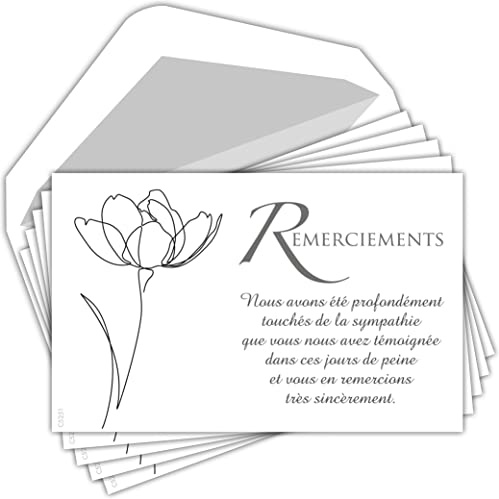 C5251 Remerciements Condoléances Lot 5 Cartes identiques + 5 Enveloppes Blanches Format 9x14cm Texte Sympathie témoignée Peine Décès Obsèques Deuil Fleur Tulipe Pochette Grise Fabriqué en France