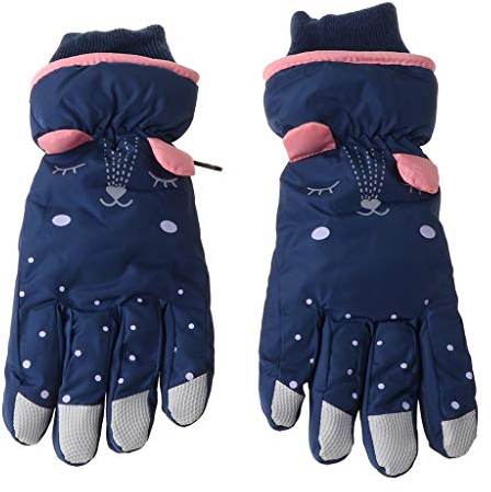 Yunso Kinder Skihandschuhe Winter wasserdichte Schnee Feste Farbe Cartoon Ohren Winddicht Thermohandschuhe Fäustlinge zum Skifahren Snowboarden Outdoor (Blau)