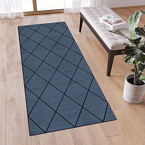 QQrunner Teppichläufer rutschfest Rauten Muster 100x150cm Navy Blau Meterware Waschbar Teppich Läufer Flur Schlafzimmer Korridor Küchenlaufer Lang, Anpassbare Größe, 40-120cm Breit