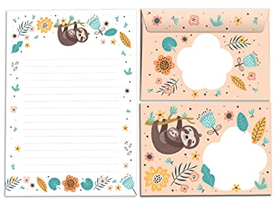Bloc de cartas con sobre para niños, animales perezosos, juego de papel de carta (bloc A5 con 25 hojas + 15 sobres)