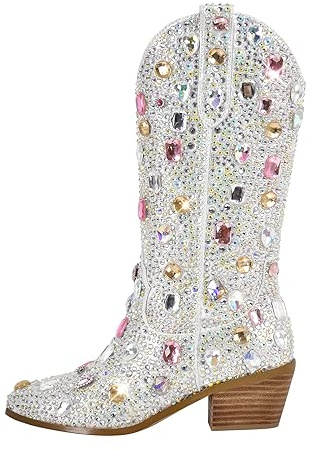 MissHeel Bottines de cowboy brillantes avec talon entonnoir à paillettes, bottes western ornées de pierres précieuses
