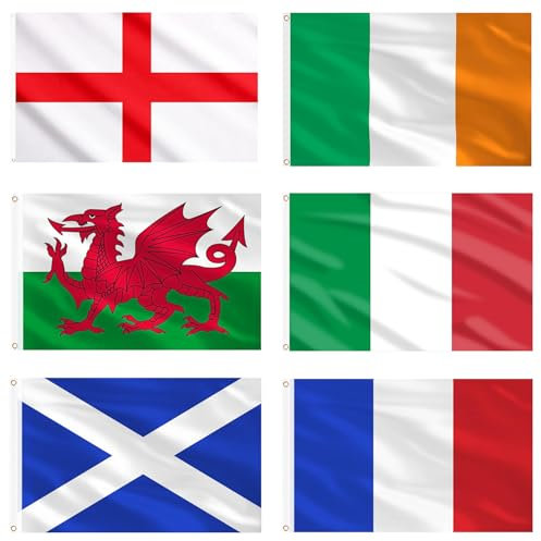 AhfuLife Six Countries Nations Flags 5ft x 3ft for Rugby Tournament, 6Pcs Double Sides Printed Flags with Eyelets of England, Scotland, Wales, Ireland, France, Italy for Party Garden Street Decoration