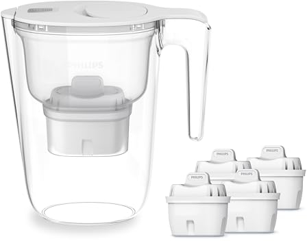 Philips Water Wasserfilterkanne +4 Geschmack+ Ersatzfilterkartuschen schneller Durchfluss elektronischer Timer filtert Chlor Kalk Schwermetalle und Mikroplastik 2,6 L