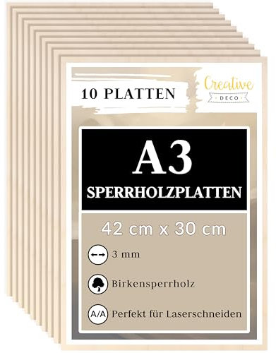 Creative Deco 10 x A3 Sperrholzplatte 3mm | 420 x 300 mm | Birkensperrholz Laserfähig Dünne Holz-Zuschnitte | Perfektes Blatt für Laser, Laserschneiden, Laubsäge, Brandmalerei, CNC Router
