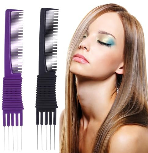 QinfanVi 2 Pack Lift Teasing Comb With Metal Prong,Professional Hair Styling Combs for Women Men,hair Comb With Stainless Steel Lift,Hairdressing Comb for Styling Lifting Back Hair (Black and purple)