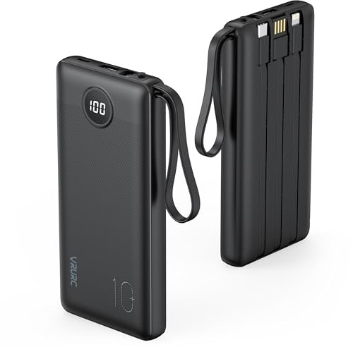 VRURC Power Bank 10000mAh con 4 Cables,USB C Batería Externa Slim bateria portátil Pantalla LED Digital con 4 Salidas y 2 entradas Compatible con iPhone Huawei y Smartphone