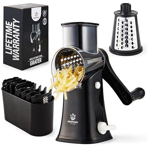 Nestware Kitchen Râpe à fromage rotative à 5 lames, ventouse renforcée et 5 tambours interchangeables – Facile à utiliser, hachoir à légumes – Noir