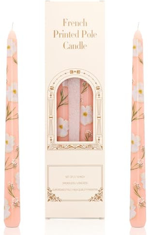 Dinner Candles, 10'' Prints Tapered Candles Party Decor, Non Drip Long Non Scented for Candlesticks Table Dinner Valentine's Day Home Afternoon Tea Decoration 2PCS (Orange White Flower)