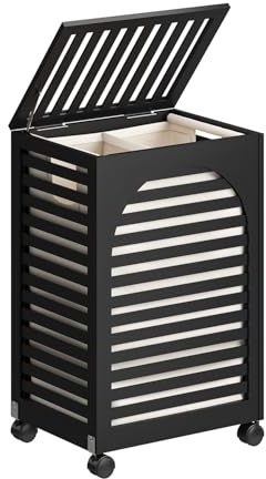 Black Laundry Hamper with Wheels, Laundry Basket with Lid, 22.5 Gallon (85L) Bamboo Wood Clothes Laundry Hamper 2 Section with Handles, Removable Liner