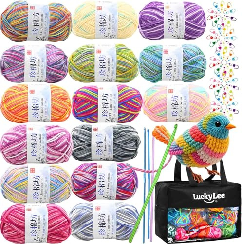 Crochet Yarn Double Knitting Wool 15Colors x 50g 4 Ply Acrylic Yarn Crochet Wool with Aluminum Crochet Hooks Stitch Markers, Crochet Kits for Beginners Adults Wool for Crochet Knitting and Crafts