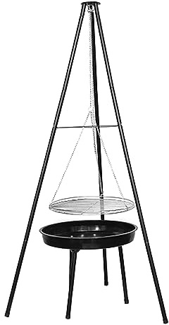 Tripod Outdoor Fire Pit BBQ Round Bowl – Extra Large Garden Patio Barbecue Grill with Hanging Chrome Cooking Rack – Portable Steel Fire Bowl with Mesh Cover for Camping & Outdoor Heating