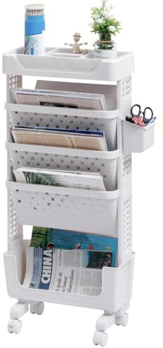 DOEWORKS Bücherwagen Klein Bücherregal mit Rollen Bastelwagen Rollwagen Schmal Aufbewahrungswagen 5 Ebenen Bücherregal Wagen für Wohnzimmer Schlafzimmer Büro Bibliothek, Weiß mit Tasse