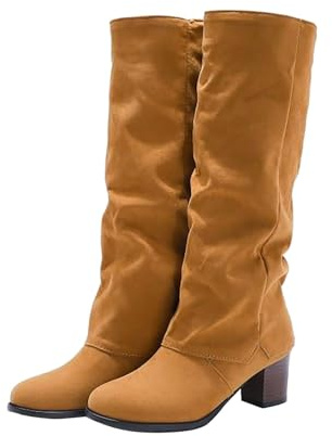Bottes mi-mollet pour femme à talon bloc en faux daim à enfiler - Bottes longues au genou repliables à bout pointu - Chaussures à talons mi-épais slouchy confortables - Bottes décontractées automne