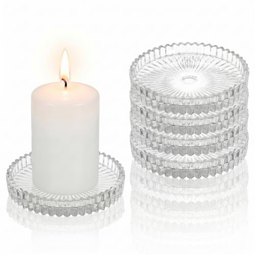 4pcs Glass Candlestick Holders, 4inch Round Pillar Candle Holder Plates Wax Drip Catcher Set Clear Decorative Glass Tray For Wedding Party Centerpiece