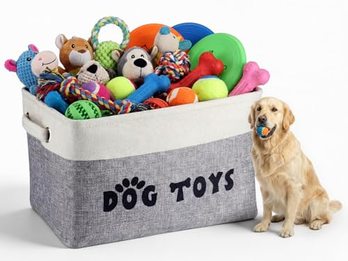 CGFN Dog Toy Basket, Dog Toy Box Storage Bin Box with Comfortable Handles, Personalised Large Pet Toy Storage Organizer for Accessories, Toys, Coat & Clothing, Blanket & Leash (Grey, 38x36x24 Cm)