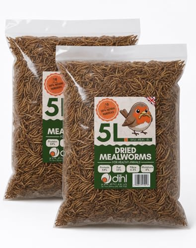 Dihl 10 Litres Dried Mealworms for Birds and Reptiles, 2x 5 Litre Bags | Premium, Unflavoured, All Life Stages, High Protein Growth and Repair Feed. For Wild Birds