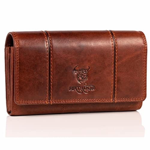 MATADOR XL Karten Portemonnaie Geldbeutel Damen Leder Groß #BRÜGGE mit Geschenk Box, Portmonee Geldbörse Damen Gross mit RFID Blocker, Geldtasche Brieftasche, Damenportemonnaie Vintage Braun