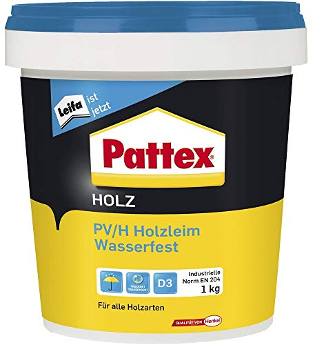 Pattex Holzleim wasserfest Leim D3 mit hoher Wasserbeständigkeit - Holzkleber extra stark für alle Holzarten - Holzleim für Treppen, Fenster und Massivholz, 1kg transparent