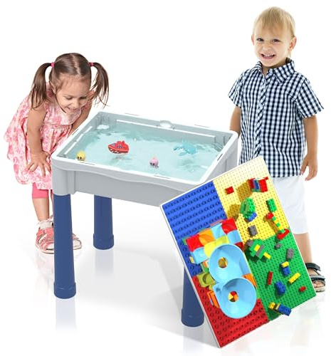 PicassoTiles Kids Activity Center Play Table & Study Desk Set Sandbox Water Tight Container Storage All-in-1 STEM Toy Kit Playset with 331pc Dual Size Building Bricks Construction Blocks Marble Run